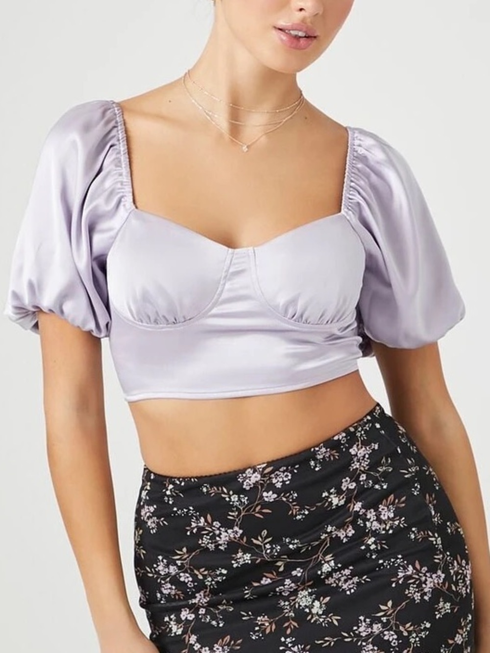 NWT Forever 21 Lavender Purple Silk Satin Puff Sleeve Crop Top